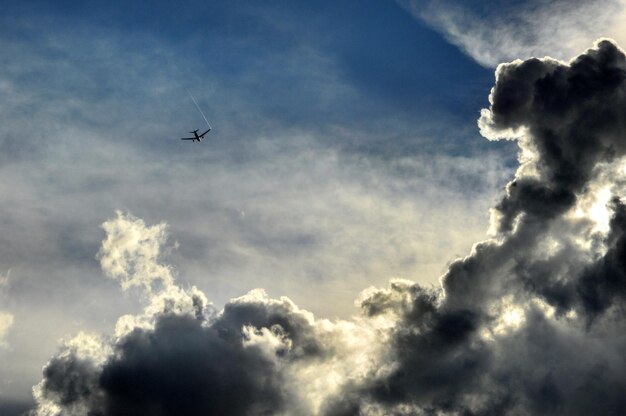 写真 空に向かって飛ぶ飛行機の低角度の景色