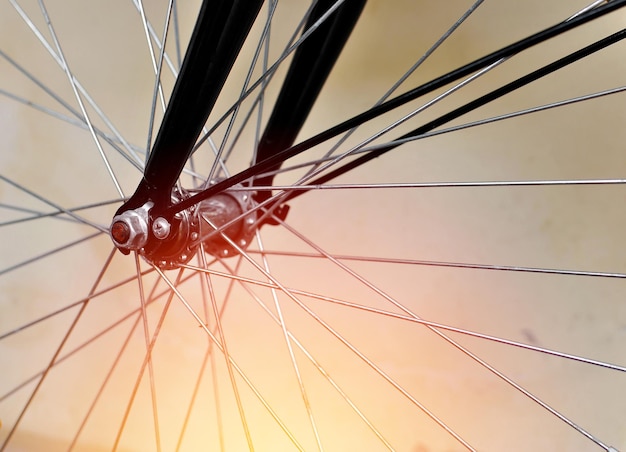 写真 空に向かって自転車の車輪を低角度で眺める