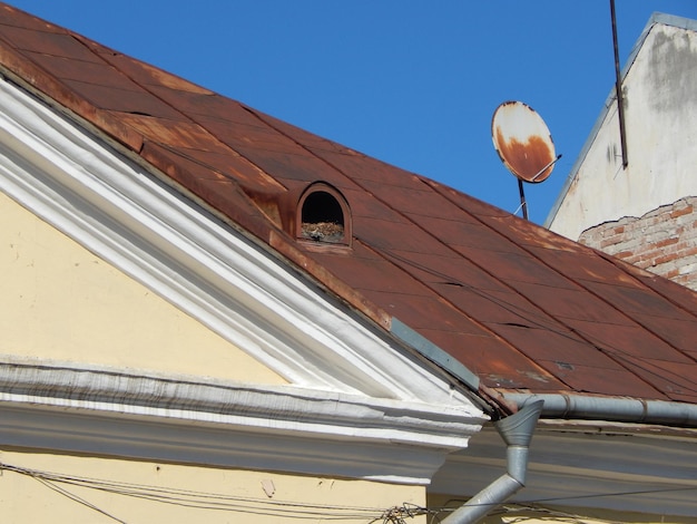 写真 明るい青い空を背景にした建物の低角度の景色