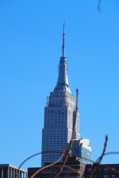 写真 青い空を背景にした建物の低角度の景色