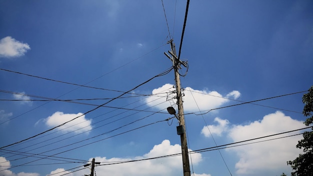 写真 青い空を背景にした電気柱の低角度の視点