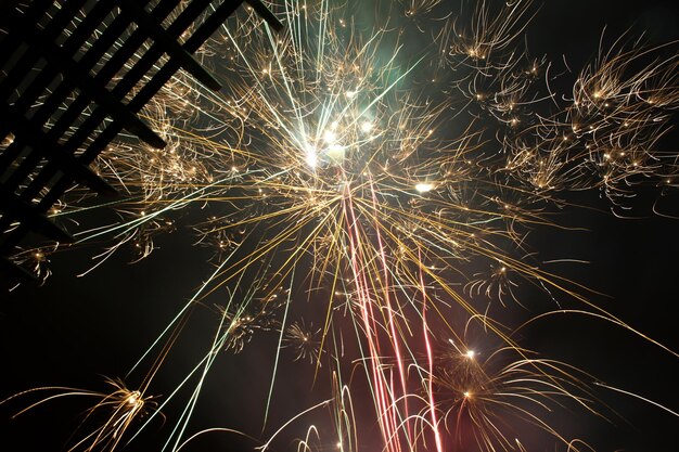 写真 夜の花火の低角度の景色