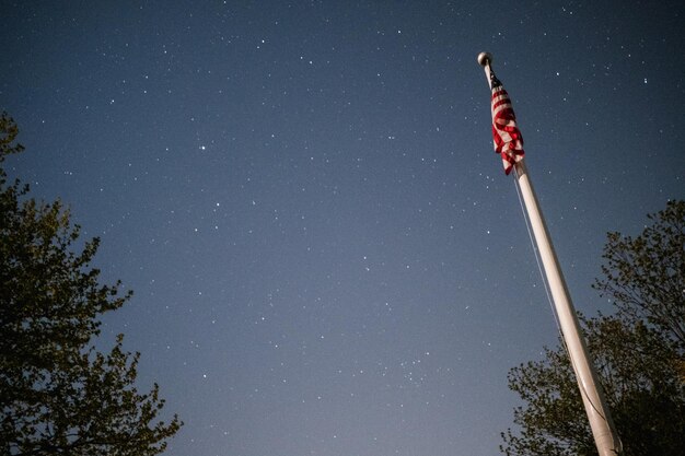 写真 青い空に照らされた旗の低角度の視点