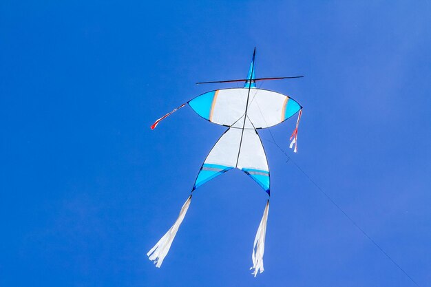 写真 明るい青い空を背景に飛ぶカイトの低角度の景色