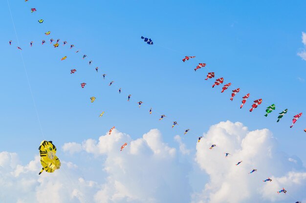 写真 空に向かって飛ぶカイトの低角度の景色