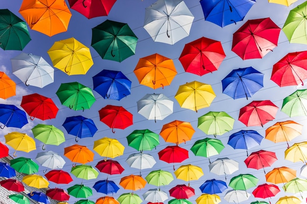 사진 다채로운 우산의 낮은 각도 시각