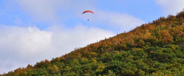 写真 空に向かってパラグライディングをしている人の低角度の視点