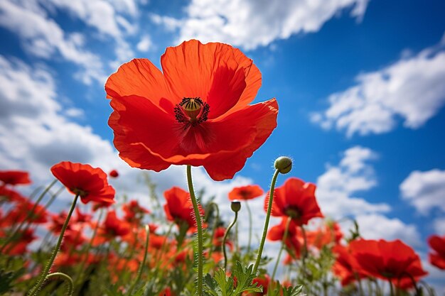 Фото low angle view of poppy flower blooming against cloudy sky