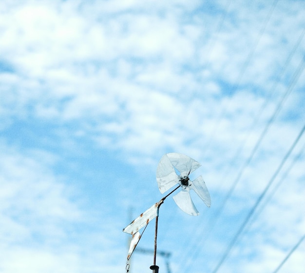 写真 雲の空に照らされた電線の低角度の景色