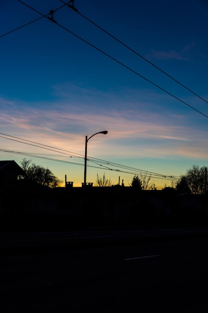 写真 夕暮れの青い空に照らされたシルエットストリートライトとケーブルを低角度で見る