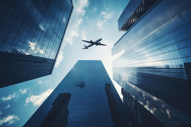 写真 天空を飛ぶ高層ビルと飛行機の低角度ビュー ガラスのオフィス高層ビルを飛ぶ飛行機の低角度ビュー ai生成