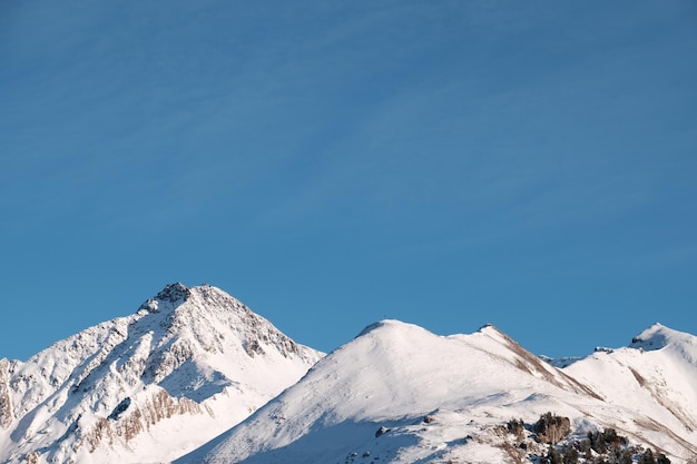 写真 明るい青い空に照らされた雪の低角度の景色