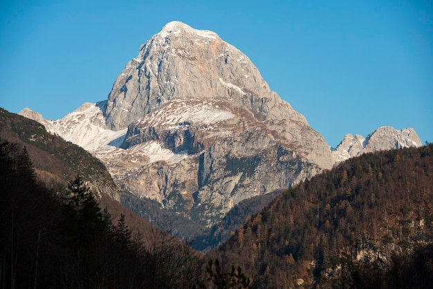 写真 晴れた青い空に照らされた雪に覆われた山の低角度の景色