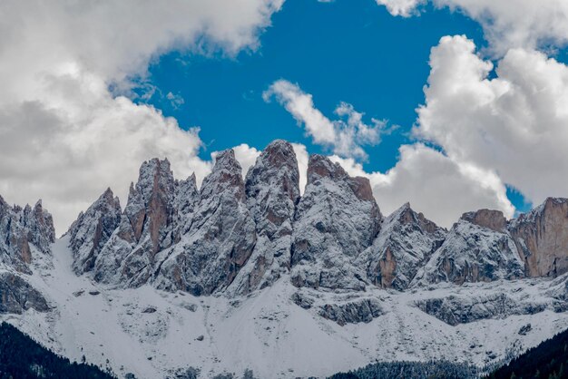 写真 空を背景に雪に覆われた山の低角度の景色