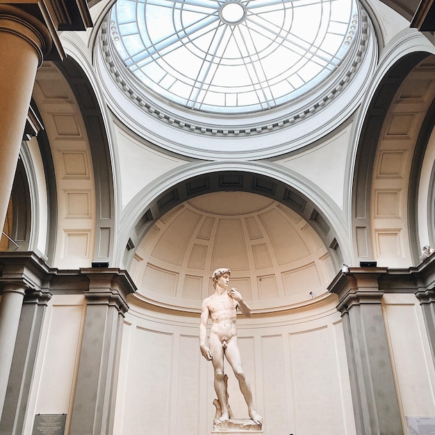 사진 역사적인 건물인 데이비드 미란젤로의 동상의 낮은 각도 시각