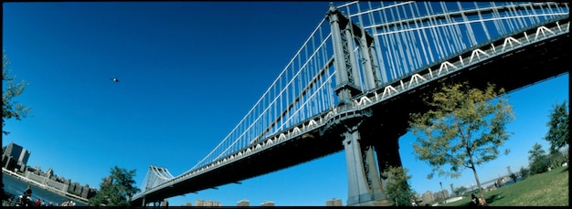 写真 青い空を背景に吊り橋の低角度の景色