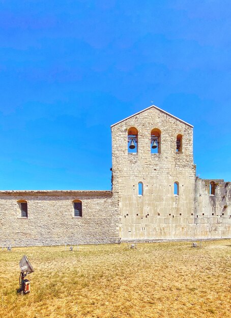 Low angle view of old building against blue sky