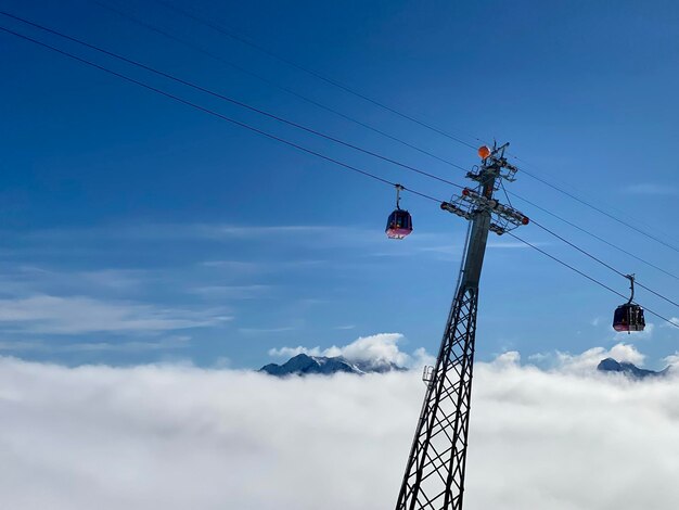 Low angle view of overhead cable car against sky