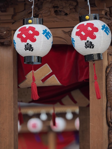 Low angle view of paper lanterns hanging at temple