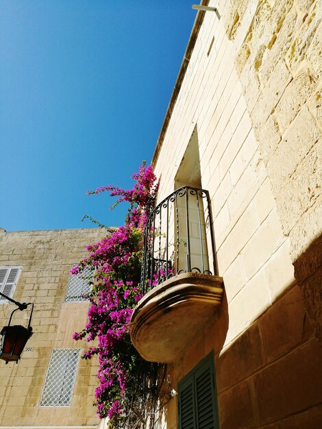 Low angle view of pink building against clear blue sky