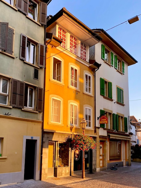 Low angle view of residential building in old city of yverdon-les-bains