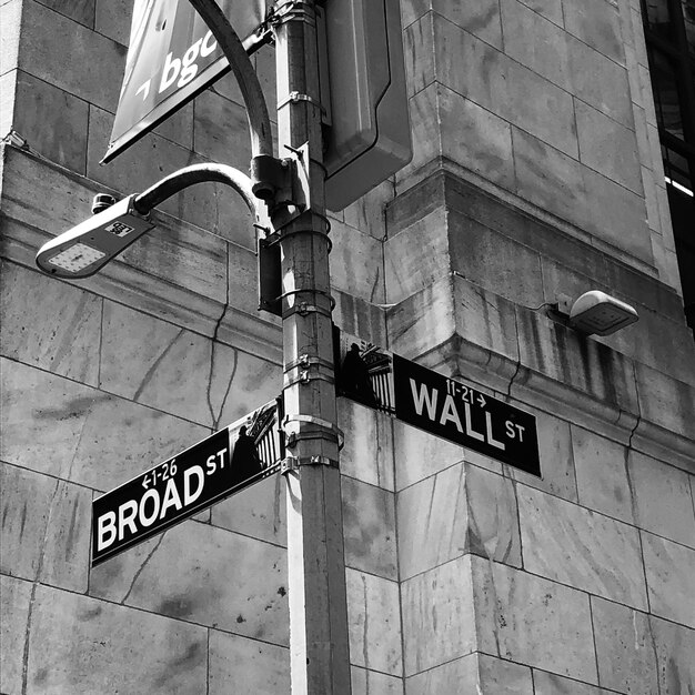 Low angle view of road sign against building