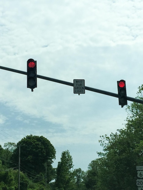 空に照らされた道路標識の低角度の視点