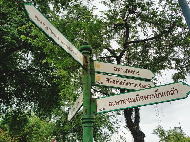 Low angle view of road signs against trees