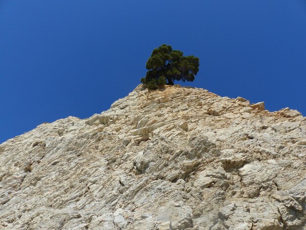 Low angle view of rock against clear blue sky