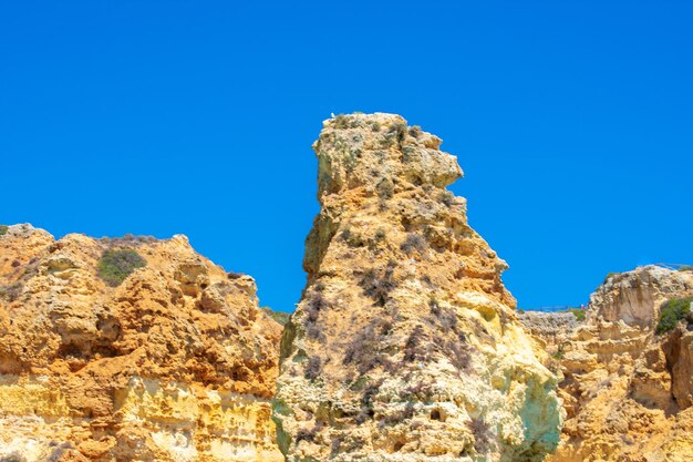 Low angle view of rock formation against clear blue sky