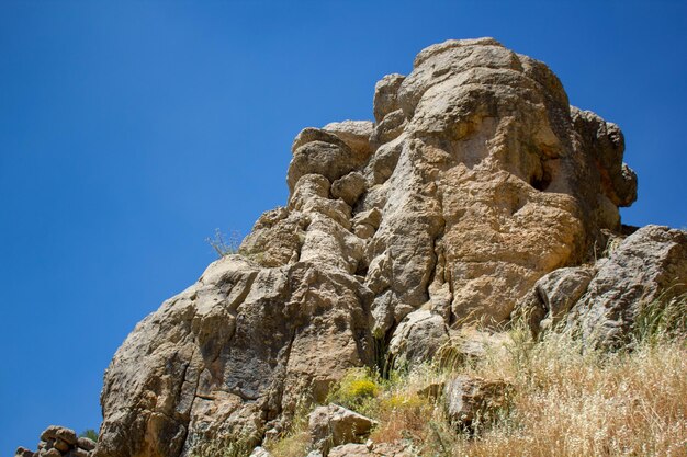 Low angle view of rock formation against clear blue sky