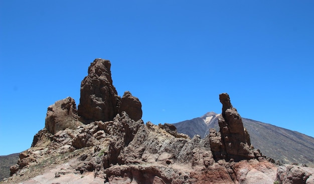 Low angle view of rock formation against clear blue sky