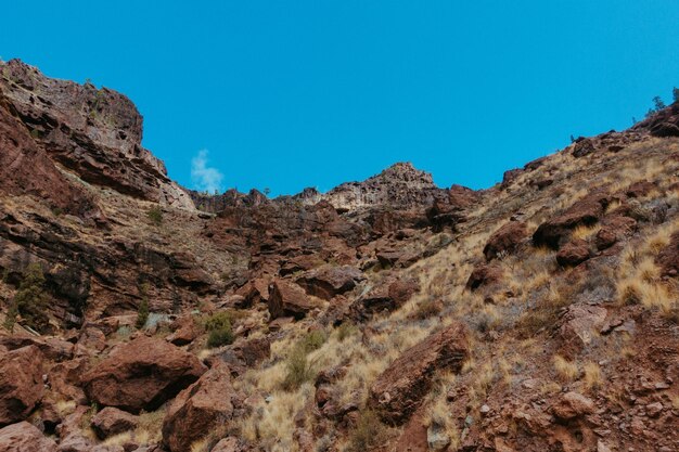 Low angle view of rock formations against clear blue sky