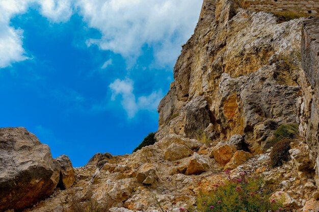 Low angle view of rock formations against sky