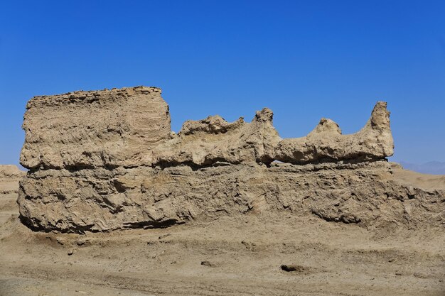 Low angle view of rocks against clear blue sky