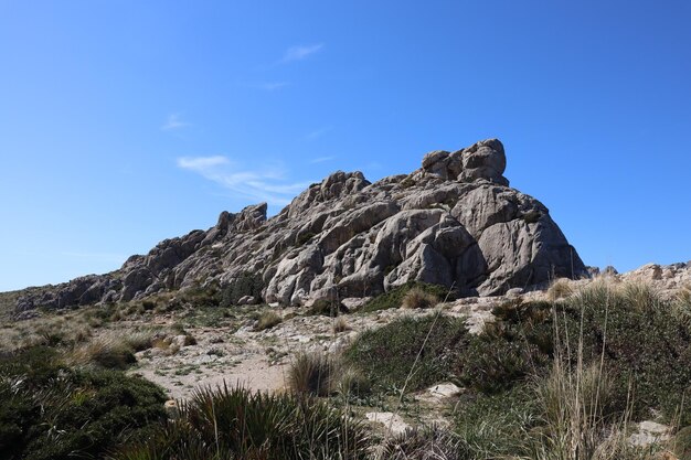 Low angle view of rocks on land against sky