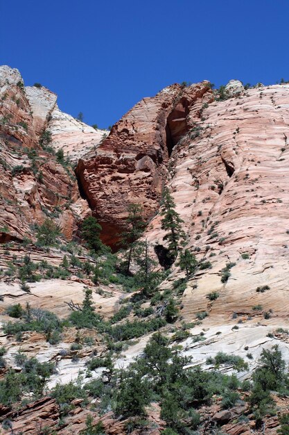 Foto vista a basso angolo della montagna rocciosa contro un cielo limpido