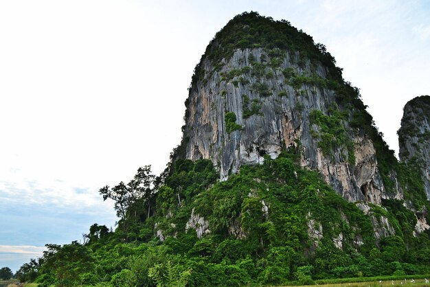 天空を背景に岩石の山の低角度の景色