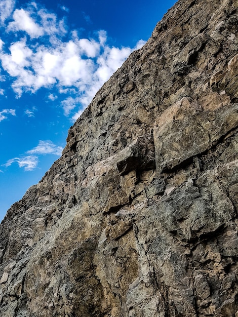 Low angle view of rocky mountain against sky