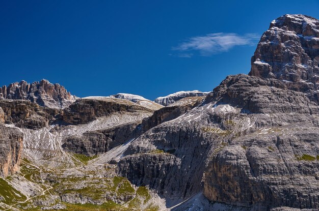 Low angle view of rocky mountains against blue sky