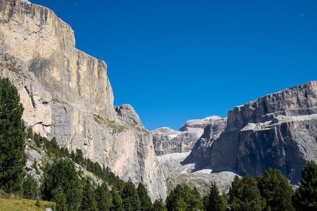 Low angle view of rocky mountains against clear blue sky