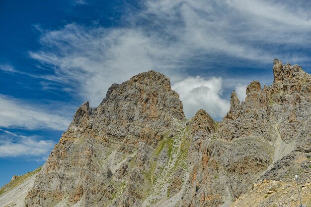 Low angle view of rocky mountains against sky