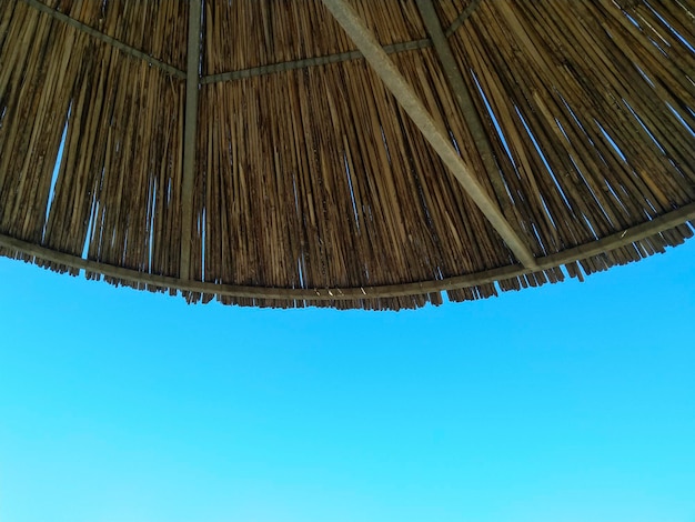 Low angle view of roof against clear blue sky