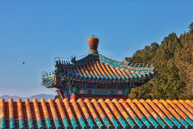 Photo low angle view of roof of building against clear blue sky