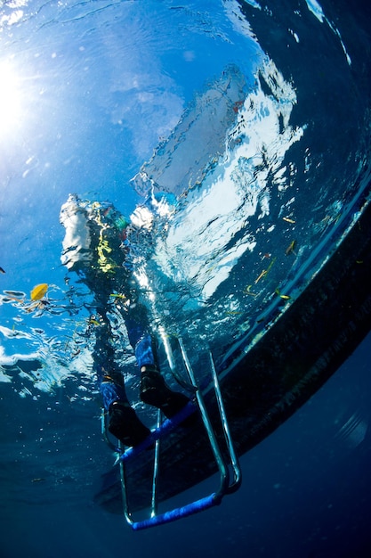 Foto vista a basso angolo di un subacqueo in mare