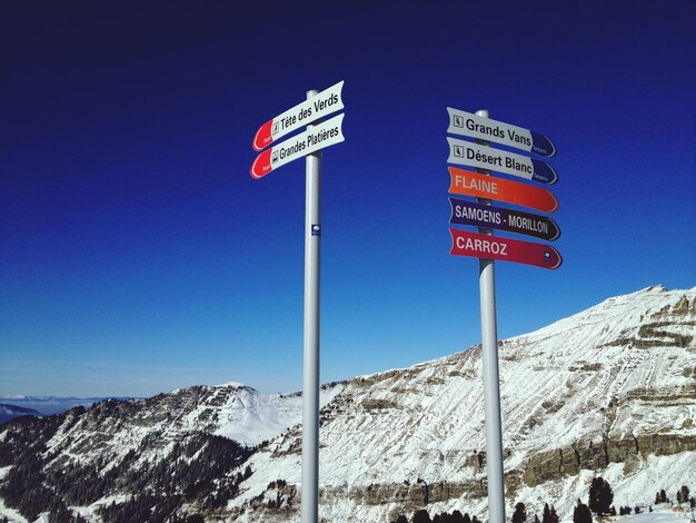 Low angle view of signboard against clear sky