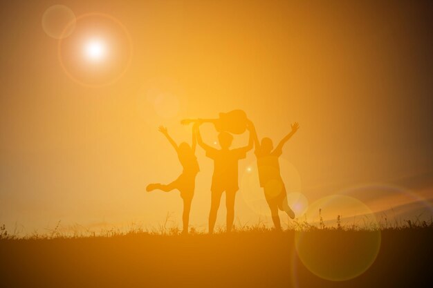 Photo low angle view of silhouette friends with guitar jumping on field against sky during sunset