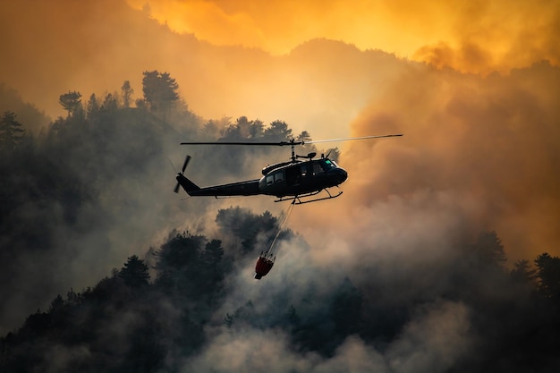 夕暮れの煙に反して飛ぶシルエットヘリコプターの低角度の視点