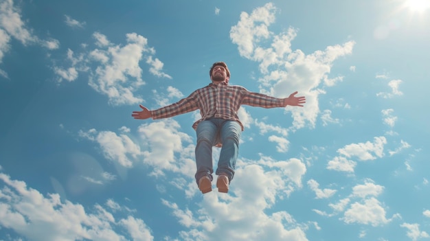 Low angle view of a smiling man levitating midair against the sky