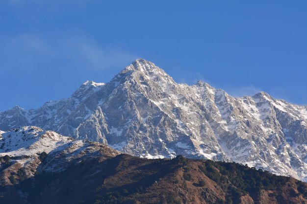 Foto vista a basso angolo delle montagne innevate contro un cielo blu limpido